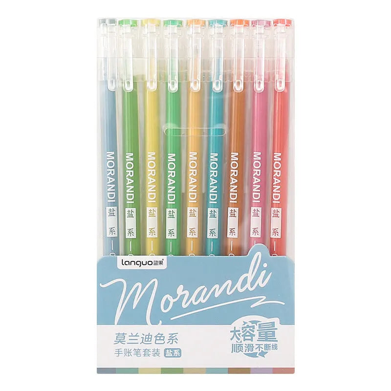 Set of nine colourful 0.5mm needle-tip gel pens with plastic shells arranged in a box.