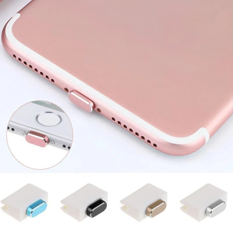 Aluminium alloy charging port dust plug for iPhone in various metallic colours including gold and rose gold.