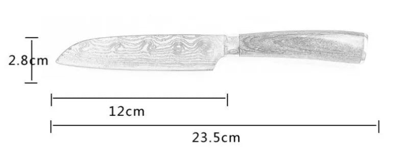 Stainless steel kitchen chef knife with laser Damascus pattern on blade and coloured wood handle.