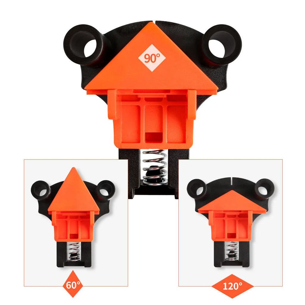 Four plastic 90-degree right-angle woodworking clamps for picture frame assembly.