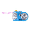 Blue or pink plastic kids toy projection camera with a sliding lens cover on a white background.