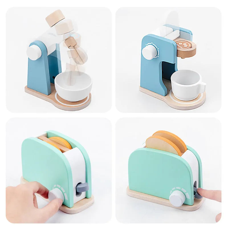 Wooden simulation play house set with blender, bread machine, coffee machine, juicer, and microwave oven in colour box