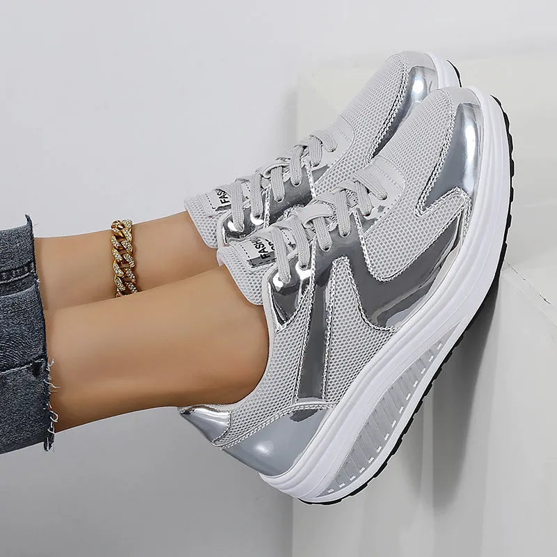 Women's gold mesh platform trainers with cross-strap design and waterproof thick sole