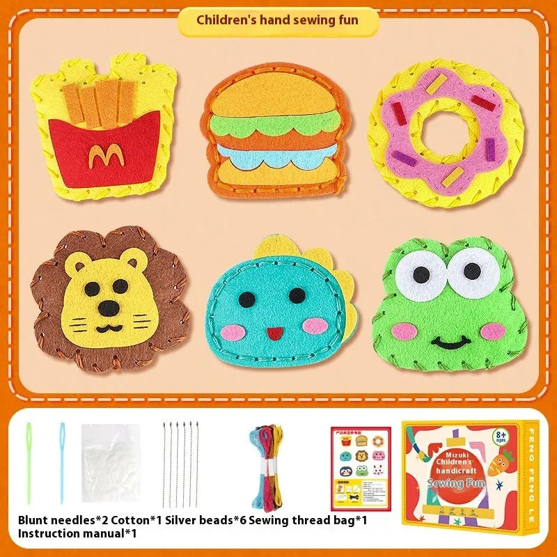 Children's non-woven cloth sewing kit with animal six models, needle, thread, and silver beads in a colour box