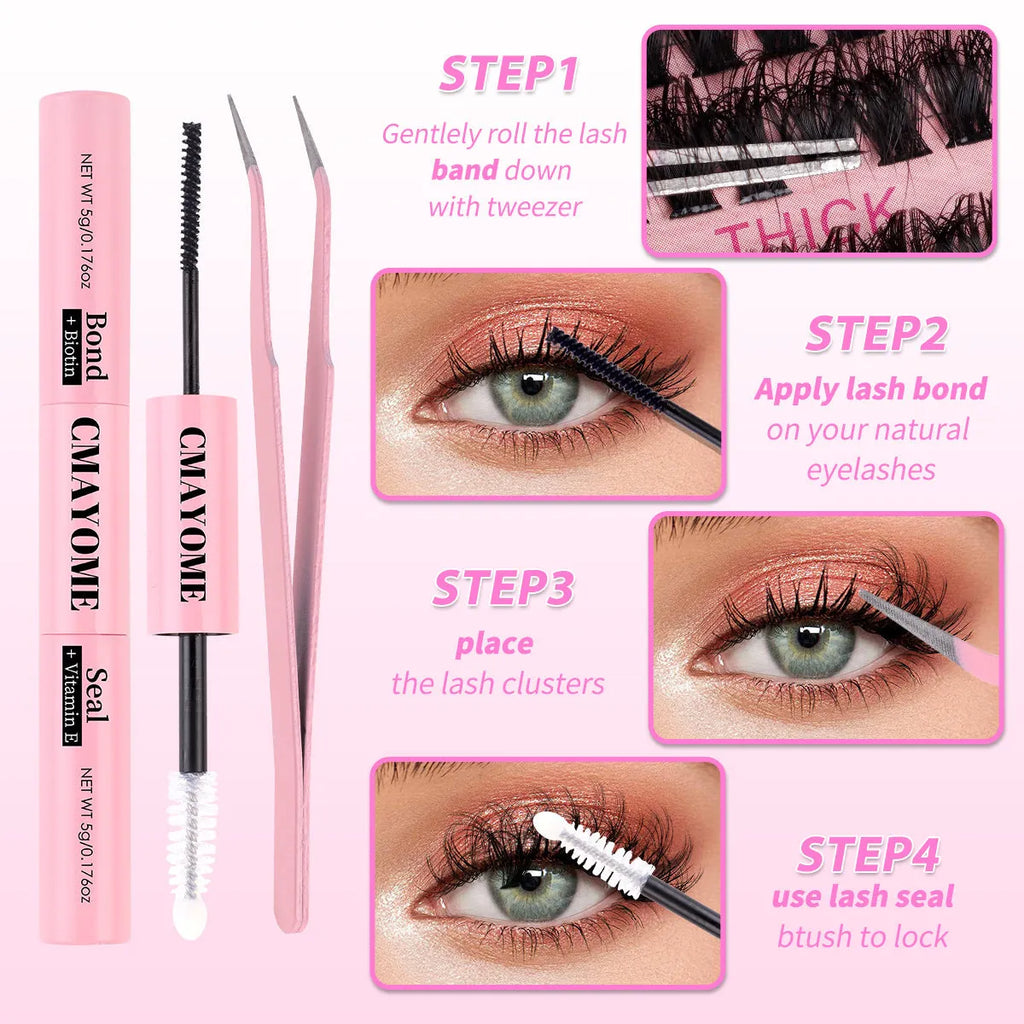 DIY false eyelashes extension kit showing cluster lashes and metal tweezers on a clean surface.