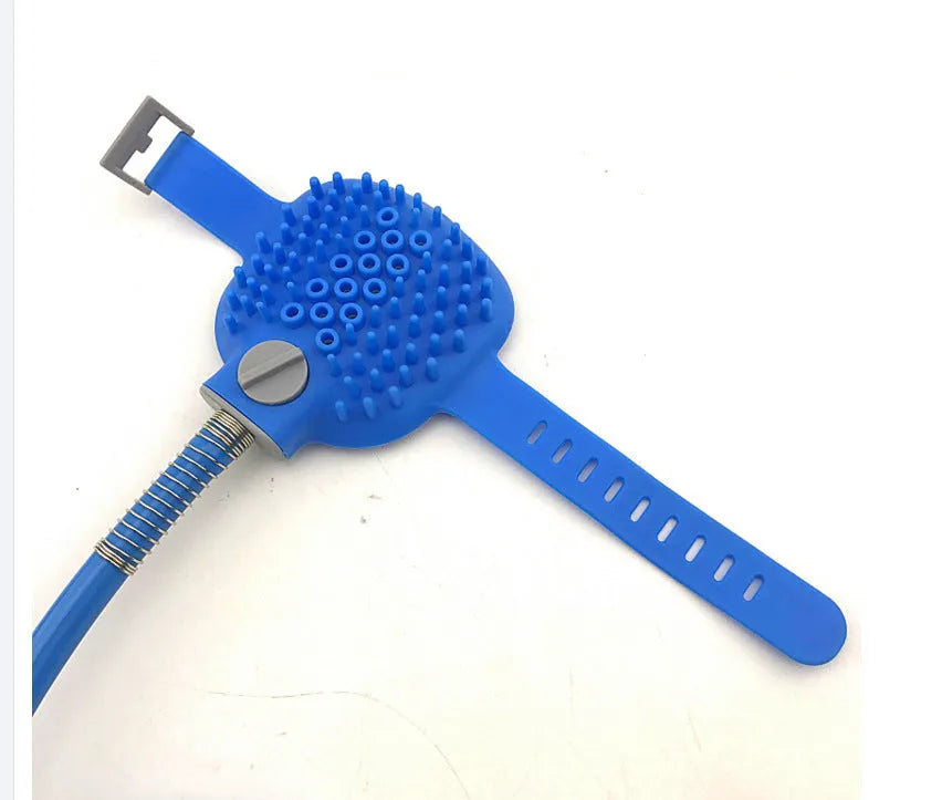 Blue silicone pet wash gloves connected to 2.5 metre water pipe with tap adapters