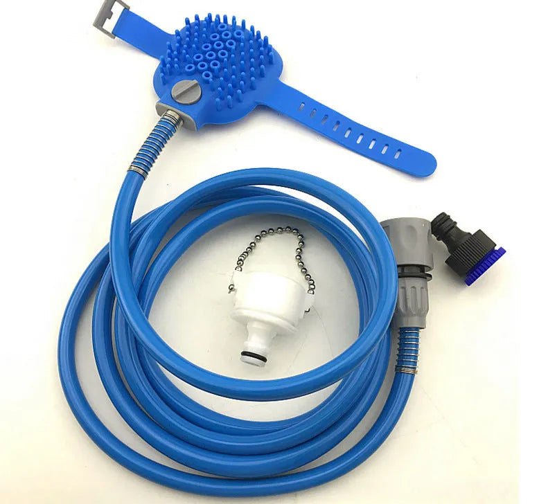 Blue silicone pet wash gloves connected to 2.5 metre water pipe with tap adapters