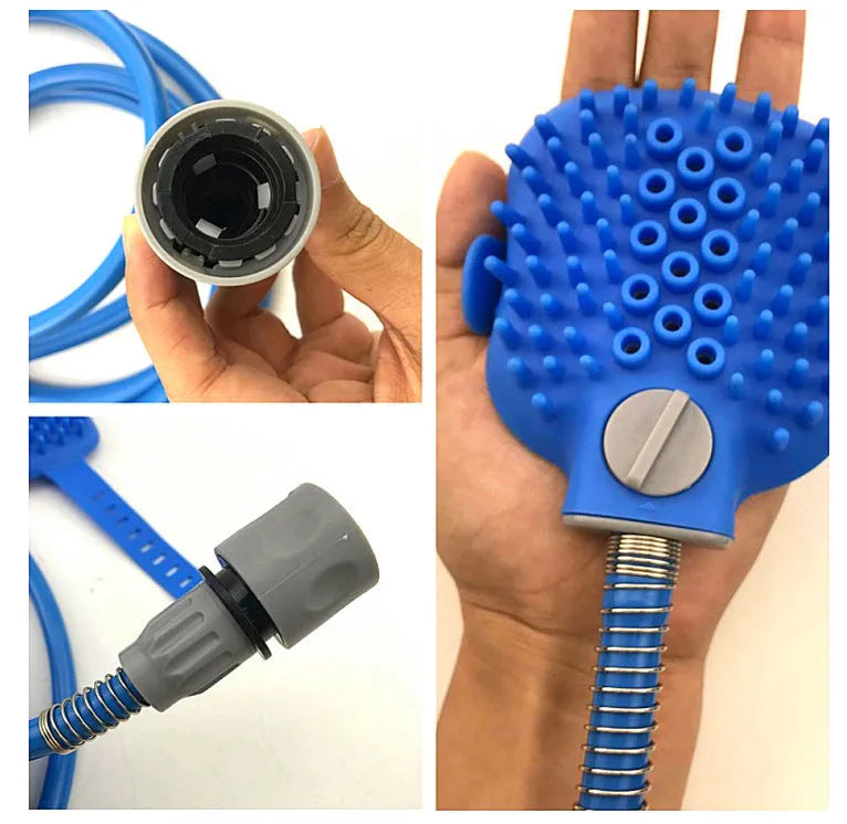 Blue silicone pet wash gloves connected to 2.5 metre water pipe with tap adapters