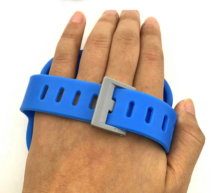 Blue silicone pet wash gloves connected to 2.5 metre water pipe with tap adapters