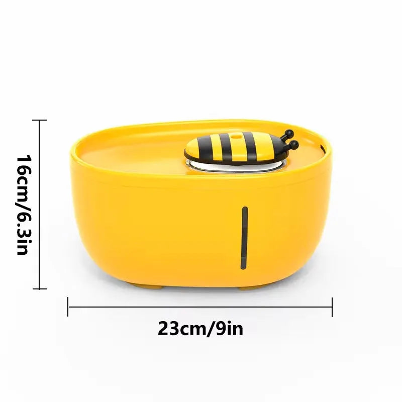 Yellow cat water fountain with filtration system, water pump, observation window, and anti-slip base