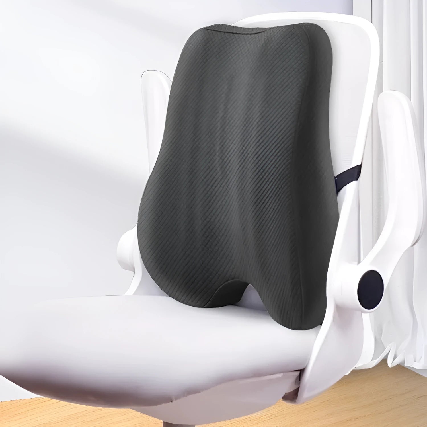Grey lumbar support cushion for office chair measuring 40cm wide, shown next to navy blue and pink colour options.