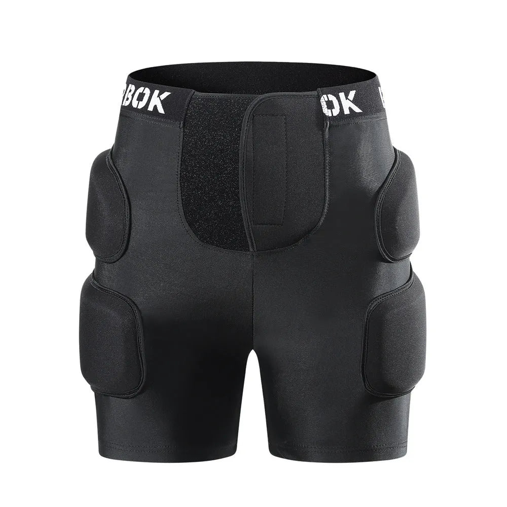 Black adult skating hip protection pad made of spandex and NBR foam on a grey background.