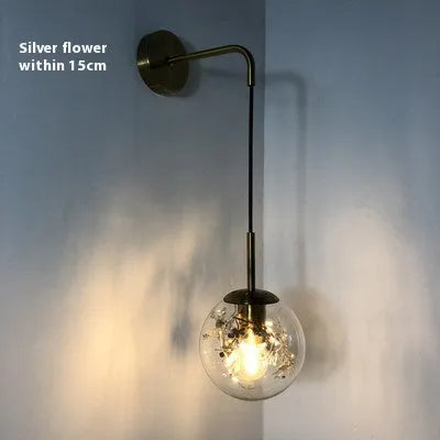 Modern simple glass wall bedside lamp in Golden Flower or Silver Flower finish, 15cm or 20cm size.
