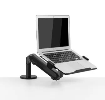 Silver aluminium free-standing laptop stand with extended telescopic arm holding a notebook.