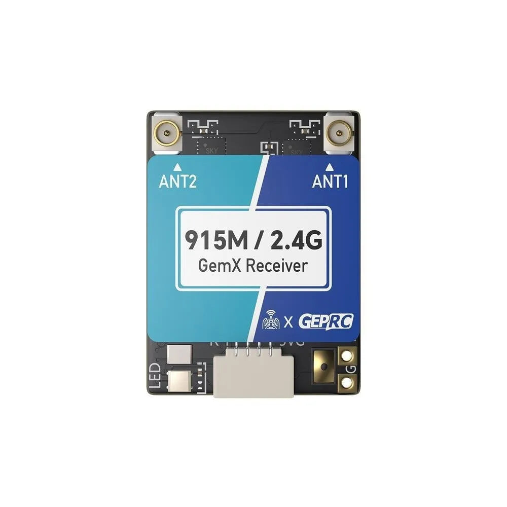 Gemini ELRS dual-frequency FPV receiver with metal case and two T-shaped antennas.