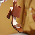 Women's high heel sandals with elastic straps in black, milky white, and brown colours