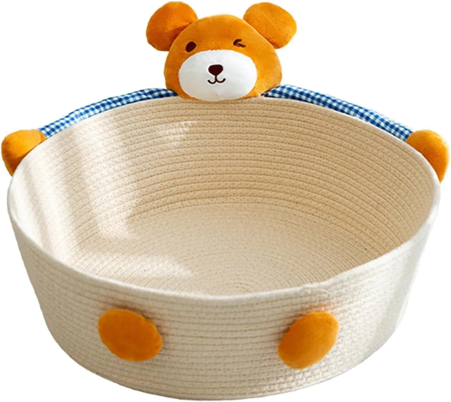 Woven cotton rope cat bed basket with scratching pad, featuring a bear design.