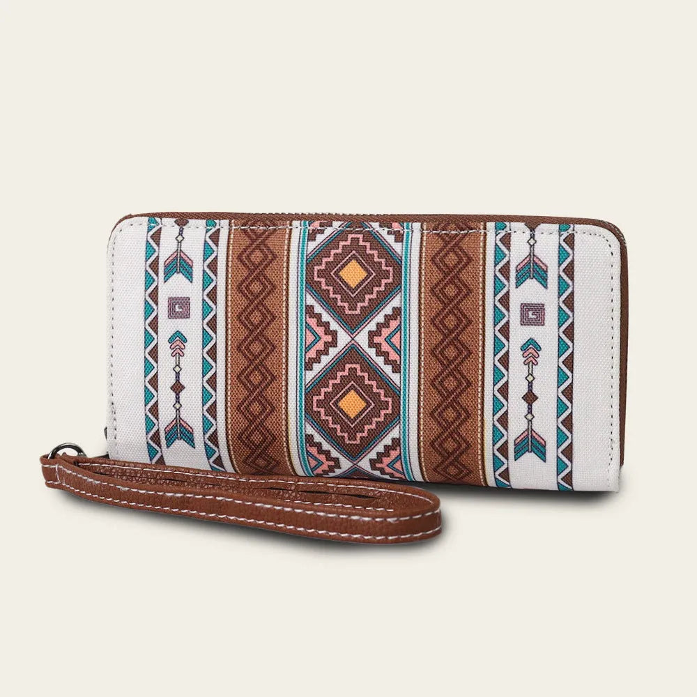 Bohemian striped canvas RFID wallet with wind belt closure in multiple colour options