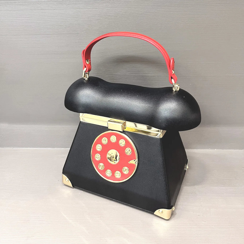 Women's landline phone-shaped handbag in PU with hard shell, retro style, three-dimensional pocket, available in colours