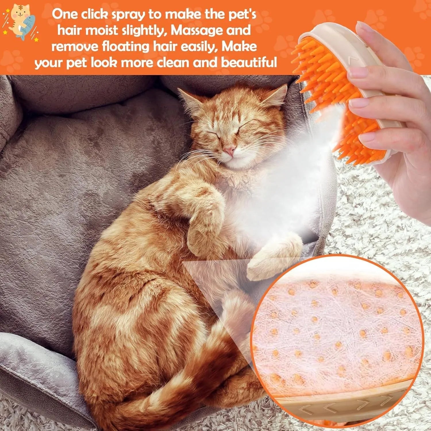 Yellow rechargeable cat steam brush with silicone teeth, water tank, and UV lamp for pet grooming.