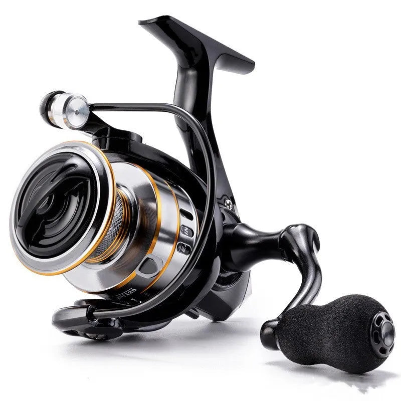 All-metal spinning fishing reel with EVA grip handle, shown in one of six available sizes.