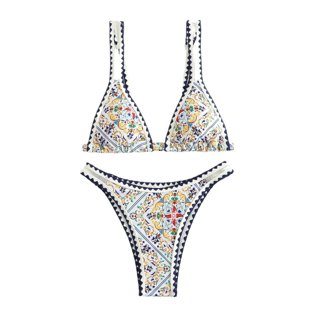 Women's floral print bikini swimsuit with split brief style in polyester fabric