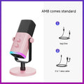 Dynamic noise reduction microphone in black, pink, or white colour with matching cable and base.
