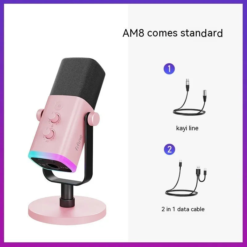 Dynamic noise reduction microphone in black, pink, or white colour with matching cable and base.