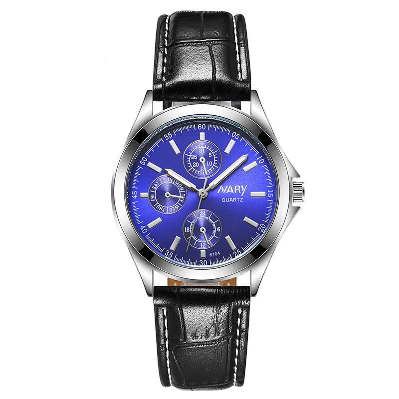 Couple three eyes six needles luminous waterproof quartz watch silver case black surface black belt