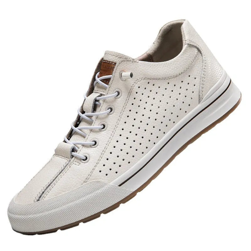 Men's white breathable canvas shoes with round toe and matte leather flat sole