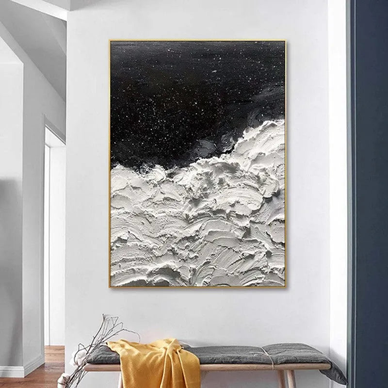 Hand-painted abstract oil painting on canvas with black and white ocean and stars design, modern seascape wall art, rolled frameless, 60x90cm size
