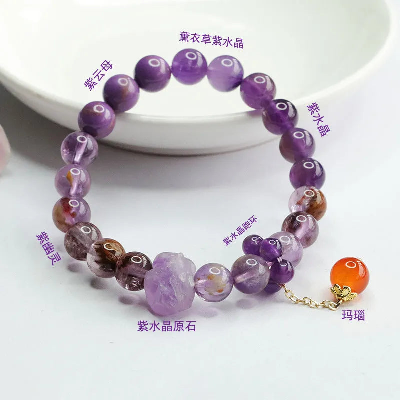 Nine purple amethyst and red agate crystal bracelet showing 8mm beads and Mori style design