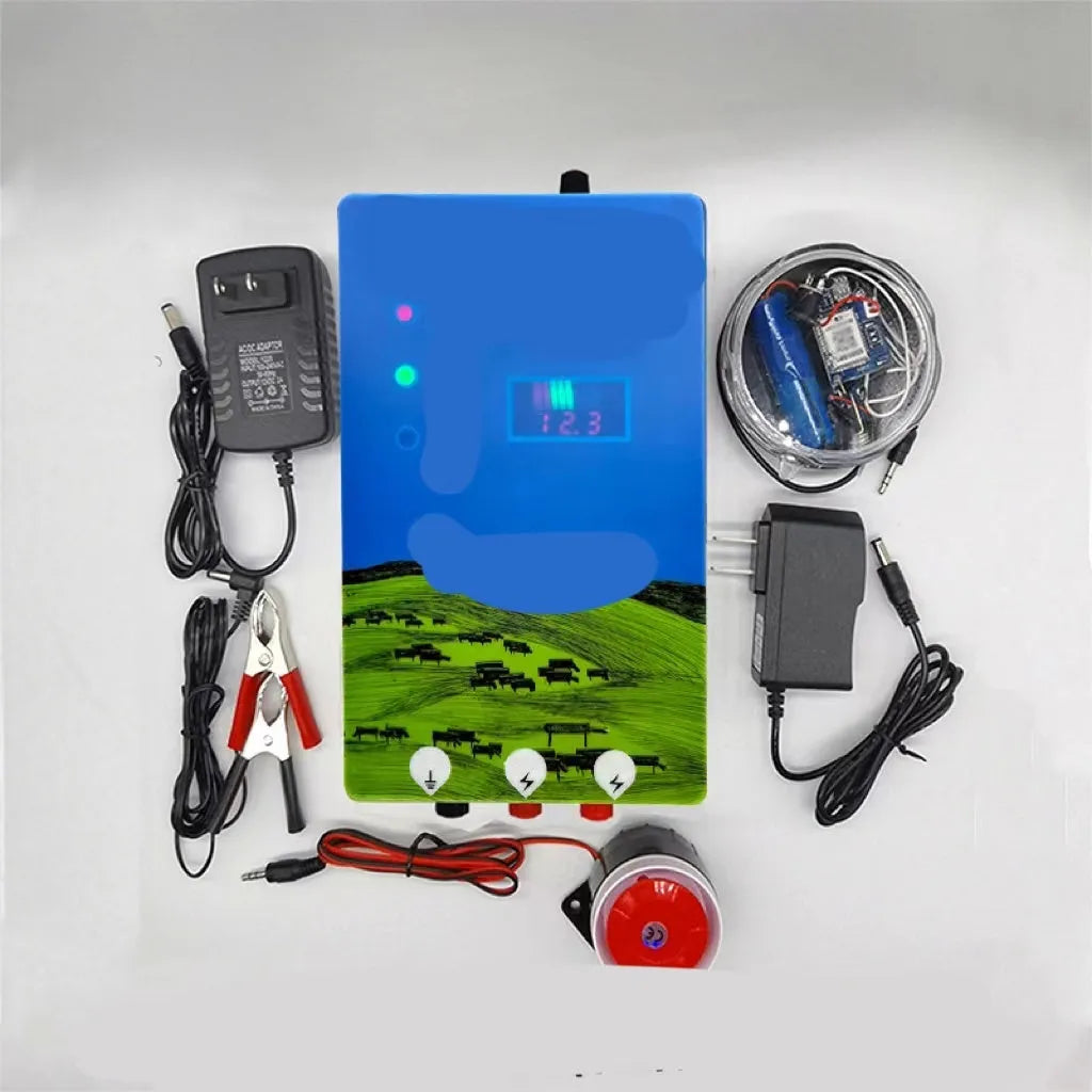 Pasture electric fence energiser host unit with solar panel and remote alarm components for livestock control.