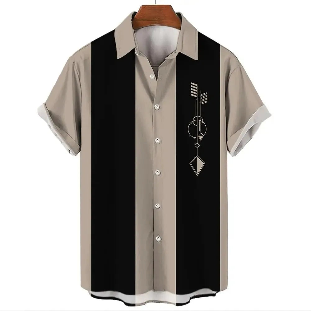 Man wearing a stripe pattern short sleeve Hawaiian-style cardigan shirt in a solid colour.