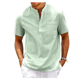 Men's solid colour stand collar polo shirt with short sleeves in lightweight bird eye cloth