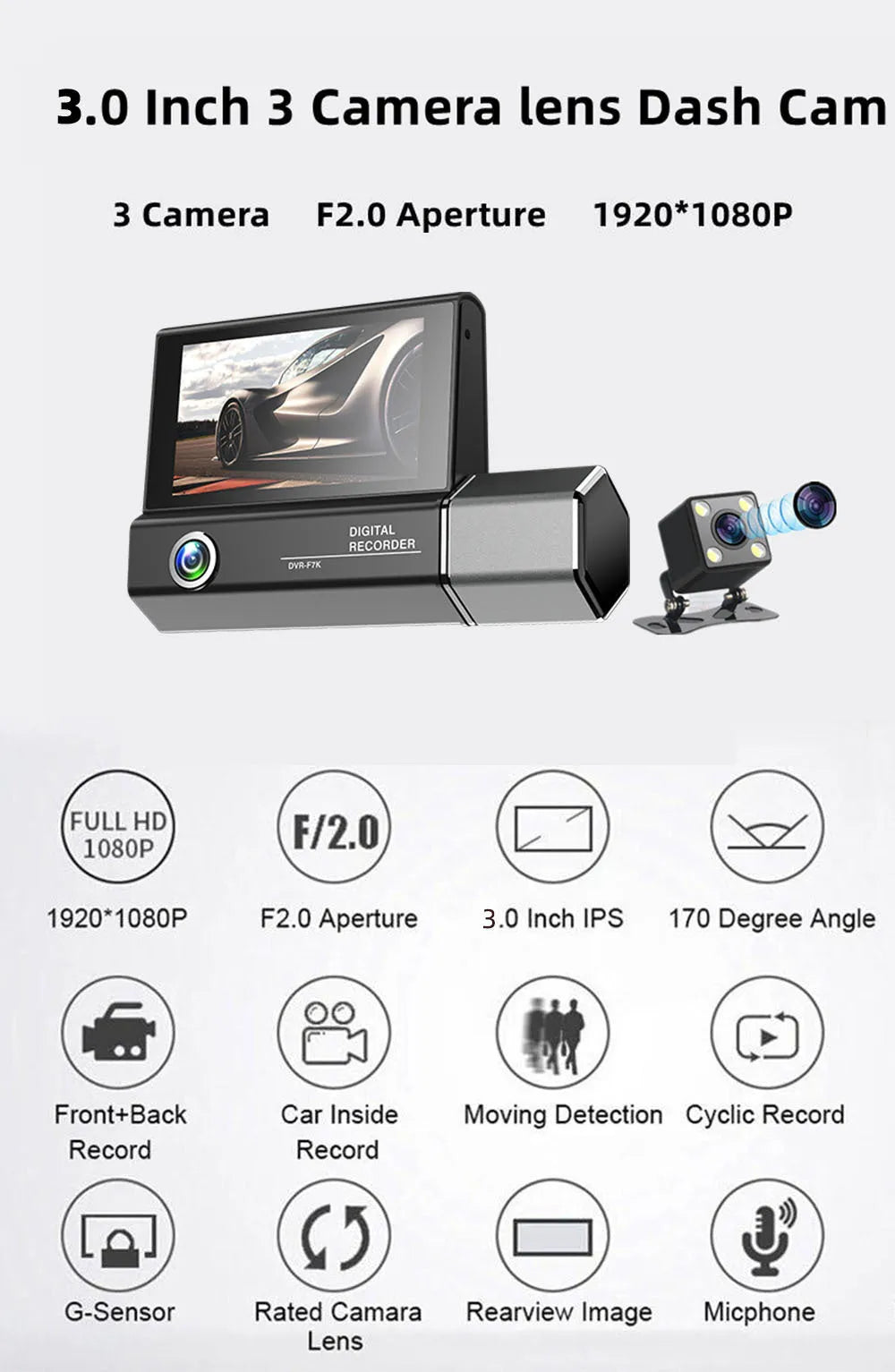 Black triple-lens HD 1080P car dash camera with touch screen