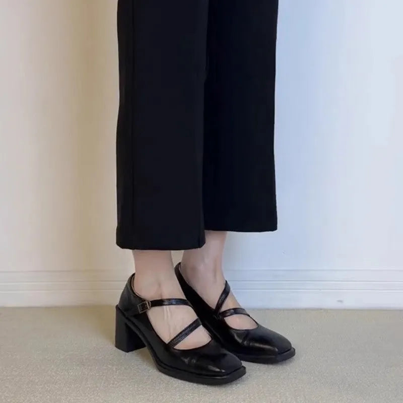 Square toe Mary Jane shoes for women black chunky heel low-cut cowhide leather