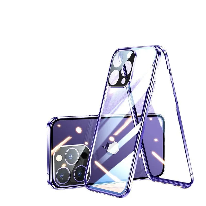 Double-sided glass ultra-thin magnetic phone case for iPhone 16 in electroplated silver finish