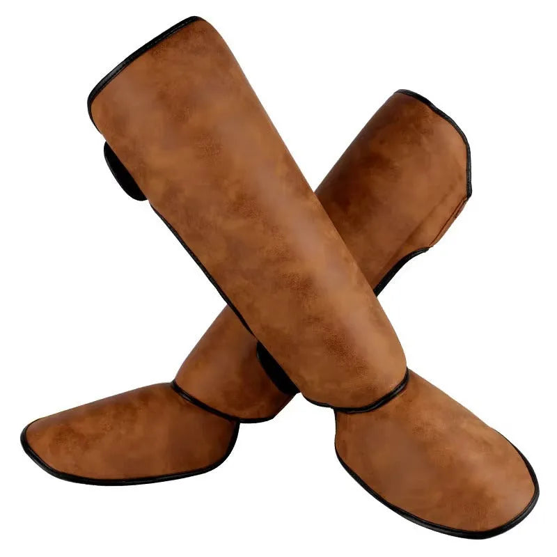 Thickened PU fighting boxing shin guard in brown vertical style for fitness training