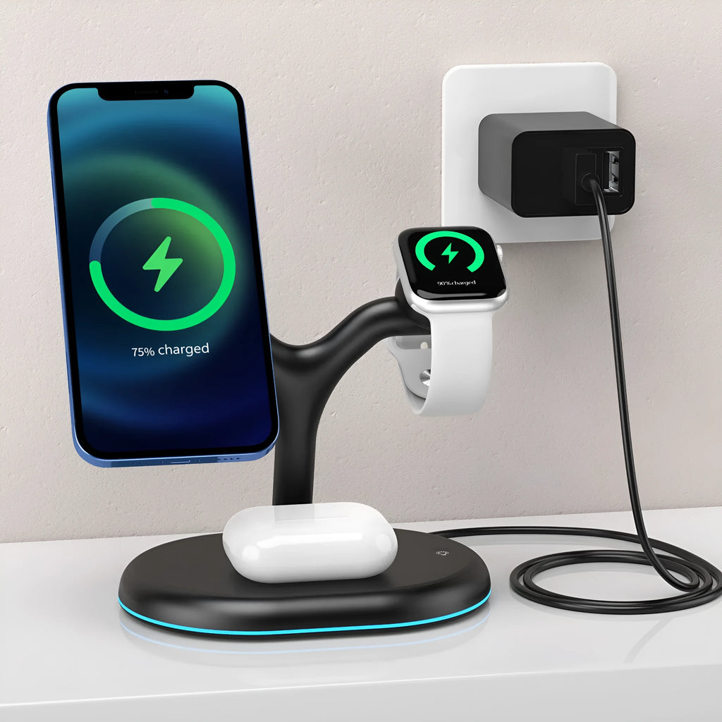 Black three-in-one magnetic wireless charging station for iPhone, Apple Watch, and AirPods on a wooden surface.