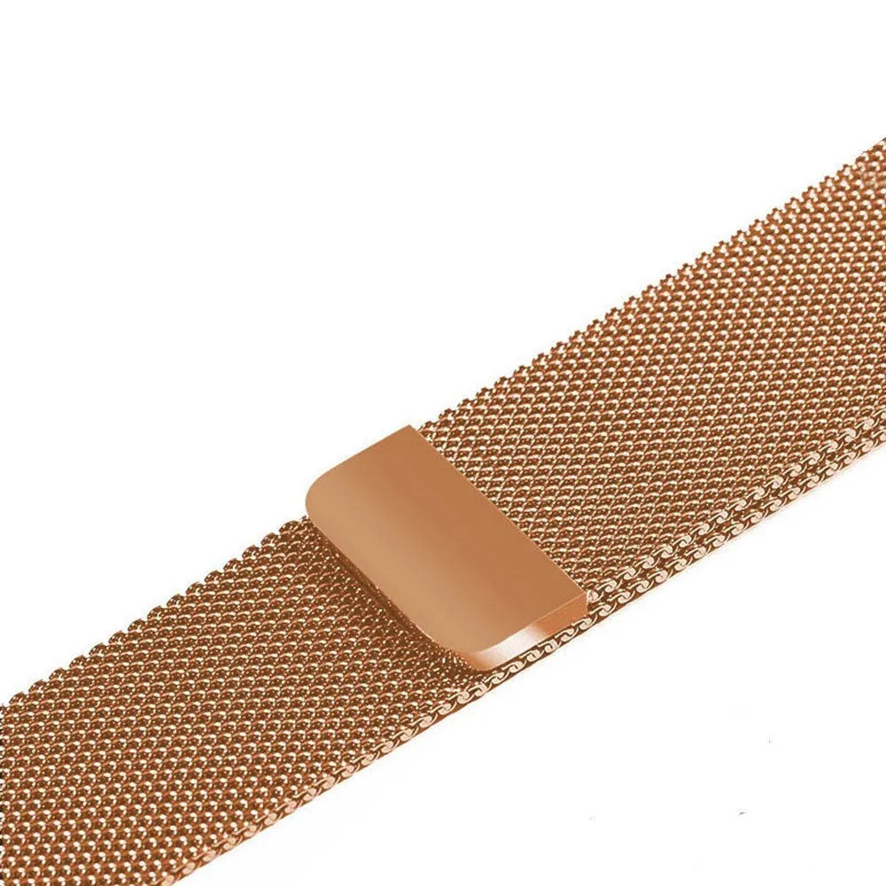 Stainless steel watch strap in silver, shown next to black, gold, and rose gold colour options.