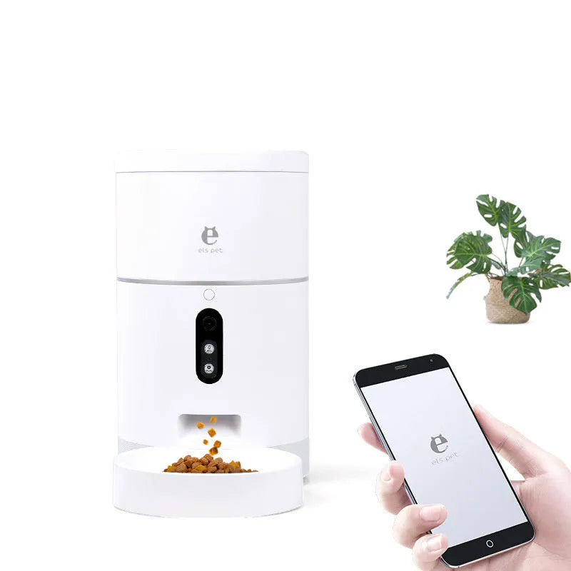 Automatic pet feeder with ABS body, WiFi and video versions, dispensing dry food into bowl