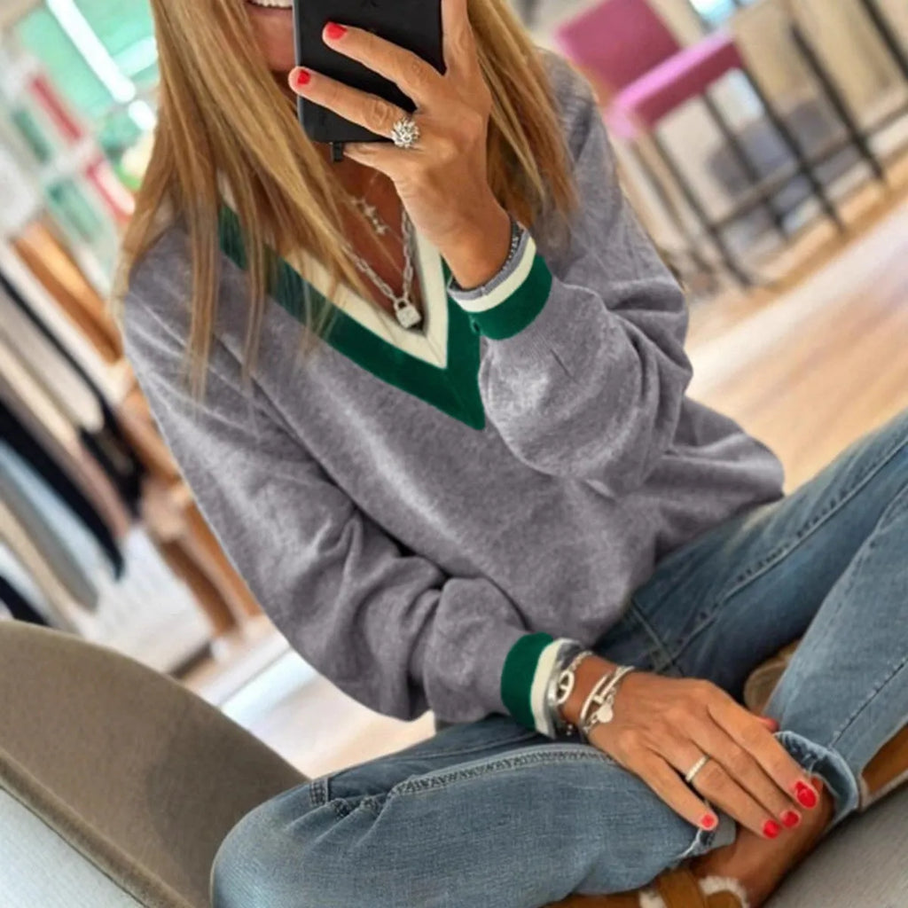 Casual style loose knitted top for women, polyester pullover, solid colour, front view