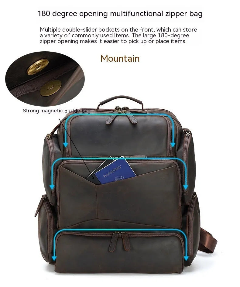 Dark brown genuine leather backpack for a 17-inch laptop, showing multiple pockets and double shoulder straps.
