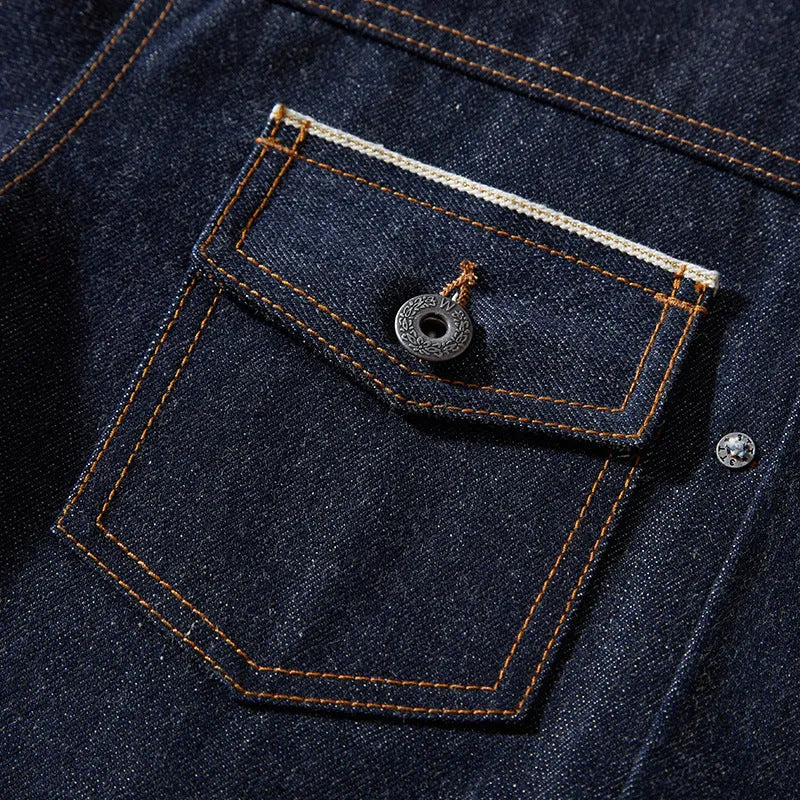 Men's Japanese retro loose jacket in raw pulp colour with red edge detailing and patch pockets