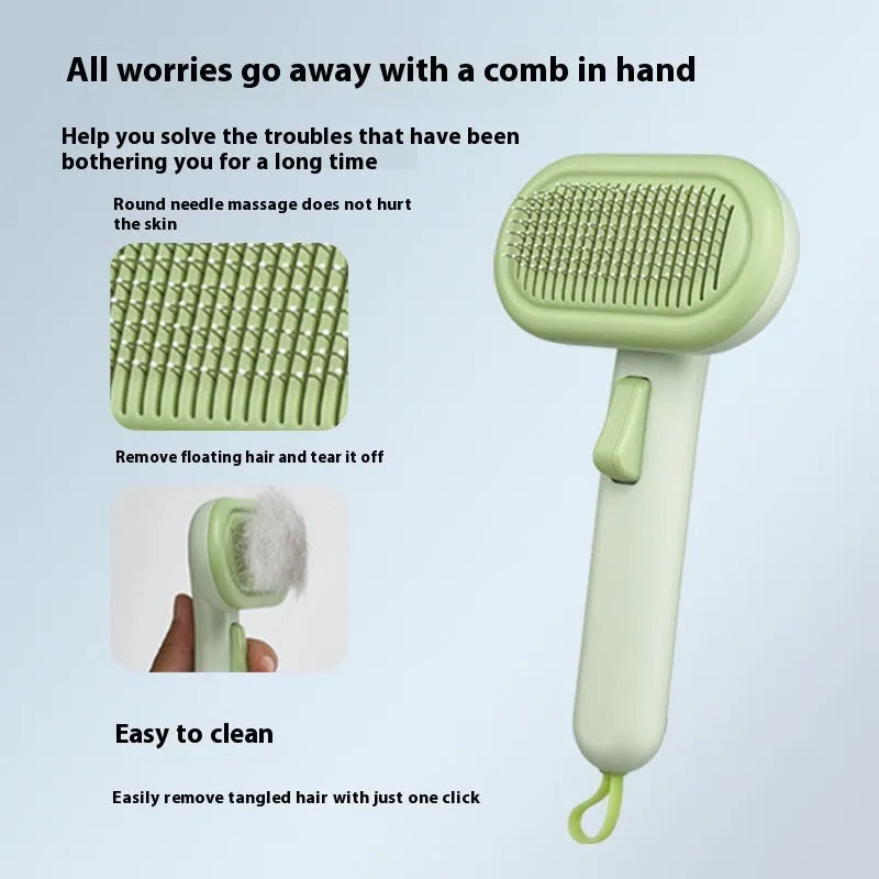 Large pet grooming comb in light grey with stainless steel blades and a one-click cleaning button