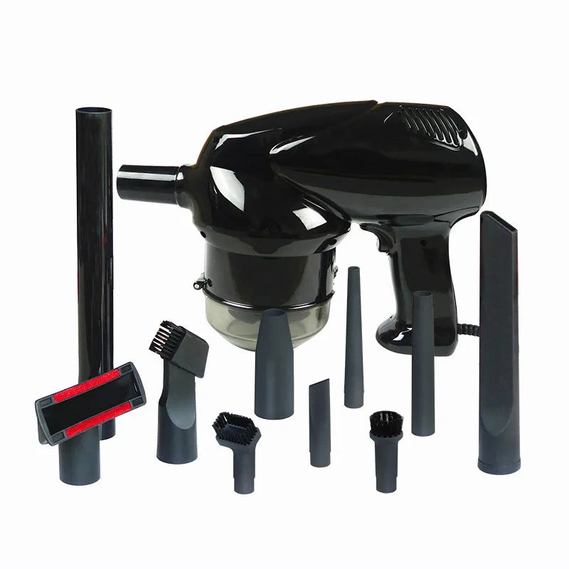 12V 100W hand-held dry wet vacuum cleaner with 6-metre cord and cigarette lighter plug sitting on car seat