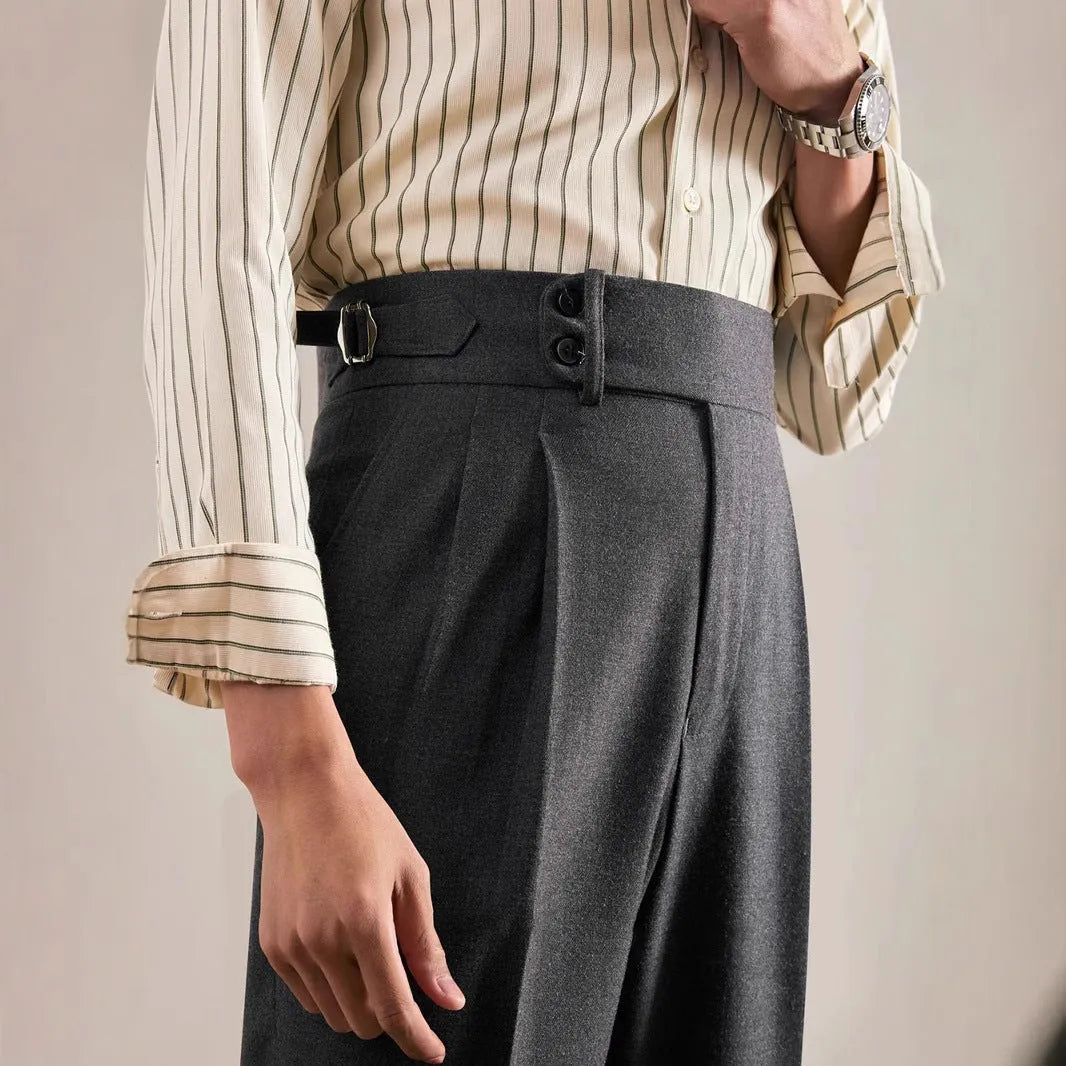 Paris buckle straight suit trousers in black polyester micro-elastic fabric with adjustable waist