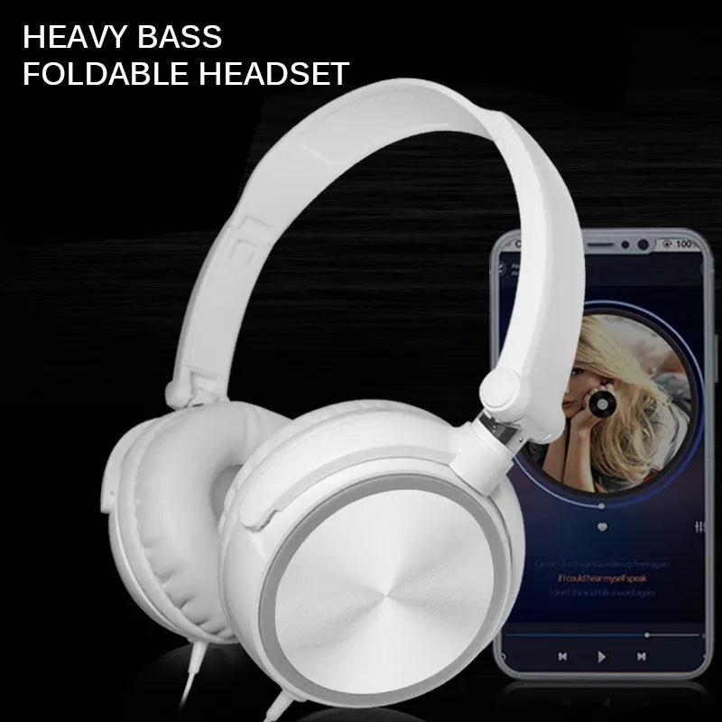 Black folding over-ear wired headphones with adjustable headband and 3.5mm plug