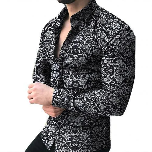 Lapel printed long-sleeved casual floral shirt in white with floral pattern, front view